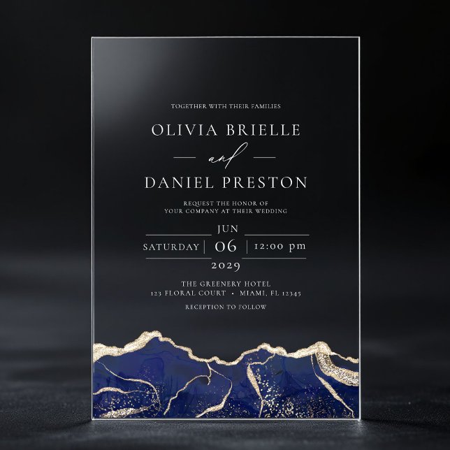 Invitaciones Acrílicas Boda moderno elegante de la Marina Blue Gold Agate (Subido por el creador)
