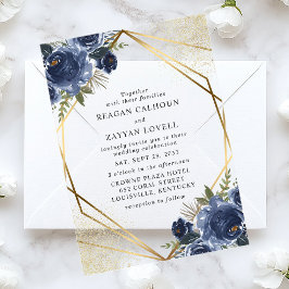 Invitaciones Acrílicas Boda moderno geométrico de oro floral azul marino