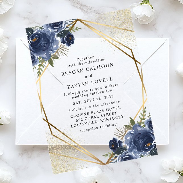 Invitaciones Acrílicas Boda moderno geométrico de oro floral azul marino (Subido por el creador)