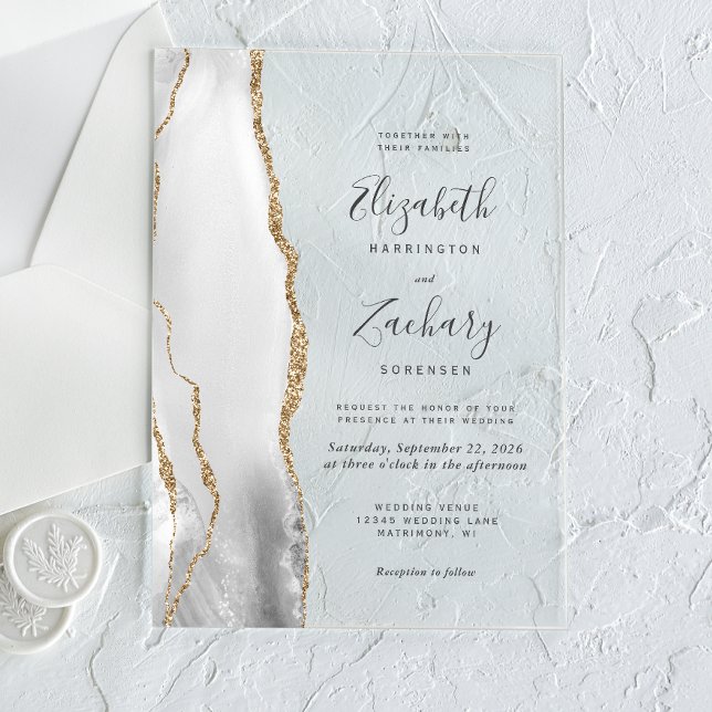 Invitaciones Acrílicas Boda moderno Gris White Gold Agate (Subido por el creador)