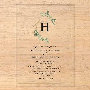 Invitaciones Acrílicas Boda Monograma Botánico Geométrico Blanco 