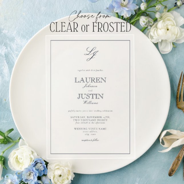 Invitaciones Acrílicas Boda Monograma de caligrafía azul de la marina clá (Subido por el creador)