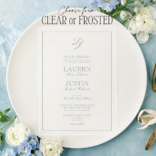 Invitaciones Acrílicas Boda monograma de caligrafía azul turbia clásica