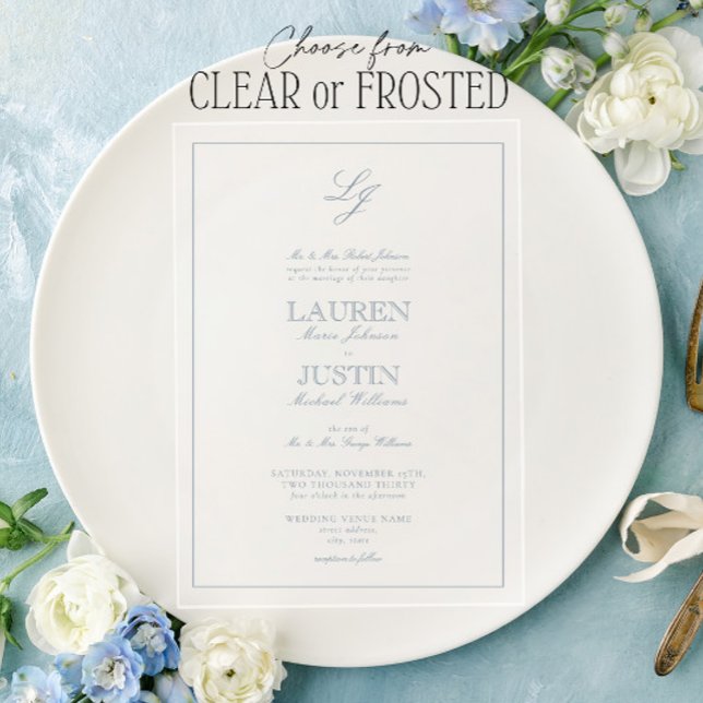 Invitaciones Acrílicas Boda monograma de caligrafía azul turbia clásica (Subido por el creador)