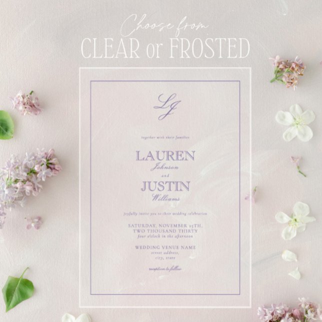 Invitaciones Acrílicas Boda monograma de caligrafía de lavanda clásica (Subido por el creador)