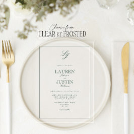 Invitaciones Acrílicas Boda monograma de caligrafía verde esmeralda clási