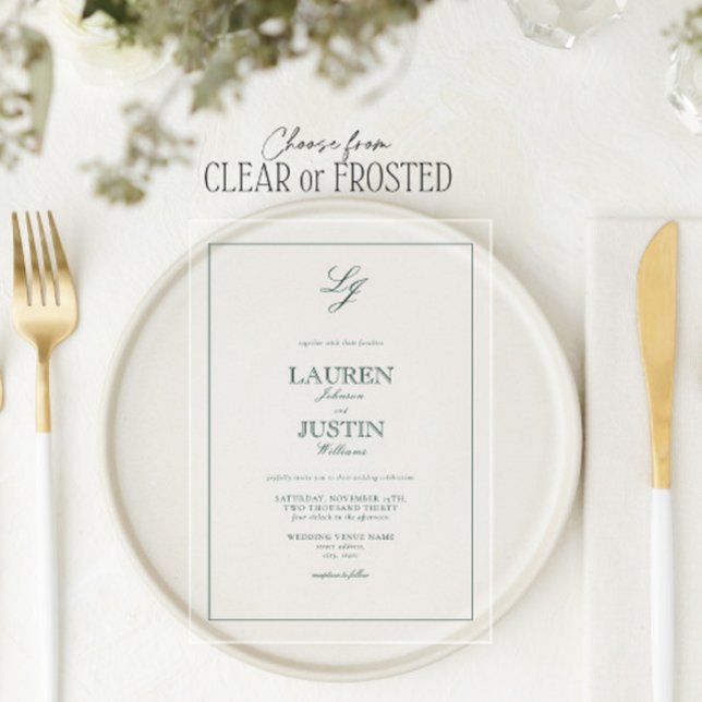Invitaciones Acrílicas Boda monograma de caligrafía verde esmeralda clási (Subido por el creador)