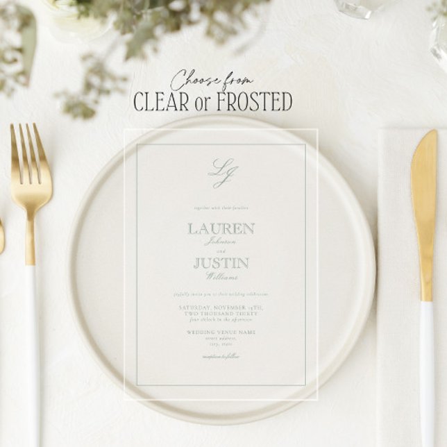 Invitaciones Acrílicas Boda Monograma de caligrafía verde sabio clásico (Subido por el creador)