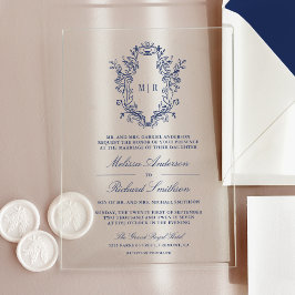 Invitaciones Acrílicas Boda Monograma de Cresta Chinoiserie Azul