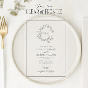 Invitaciones Acrílicas Boda Monograma de Cresta Frondosa Verde Eucalipto
