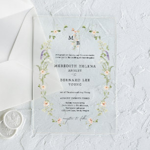 Invitaciones Acrílicas Boda Monograma de Flor Silvestre Rústica Vintage F