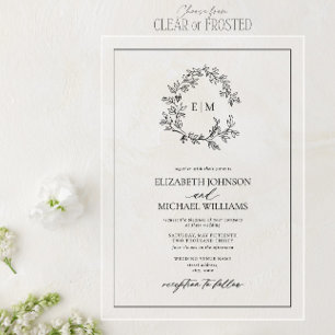 Invitaciones Acrílicas Boda Monograma de Hoja Negra y Blanca Cresta