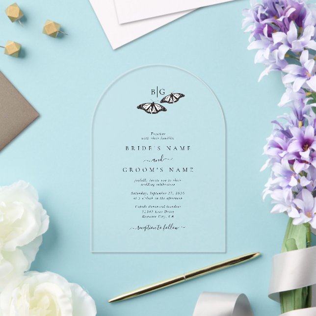Invitaciones Acrílicas Boda monograma de mariposa blanca minimalista (Insitu (Boda))