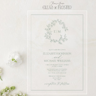 Invitaciones Acrílicas Boda Monograma del Escudo de Leafy Verde Masaje Mo