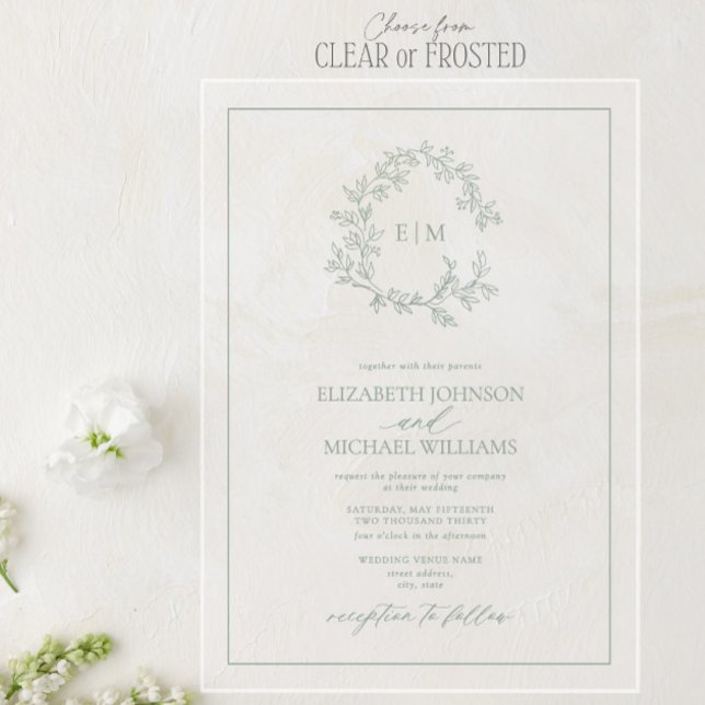 Invitaciones Acrílicas Boda Monograma del Escudo de Leafy Verde Masaje Mo (Subido por el creador)