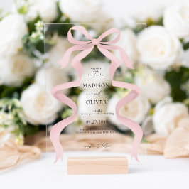 Invitaciones Acrílicas Boda Monograma Elegante Moderno Rosa Claro con Laz