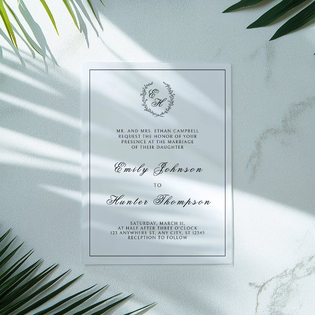 Invitaciones Acrílicas Boda Monograma Escudo de Leafy Negro (Subido por el creador)