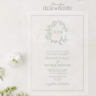 Invitaciones Acrílicas Boda Monograma Escudo de Leafy Verde Sage formal
