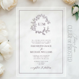 Invitaciones Acrílicas Boda Monograma Escudo de plaqueta púrpura formalme