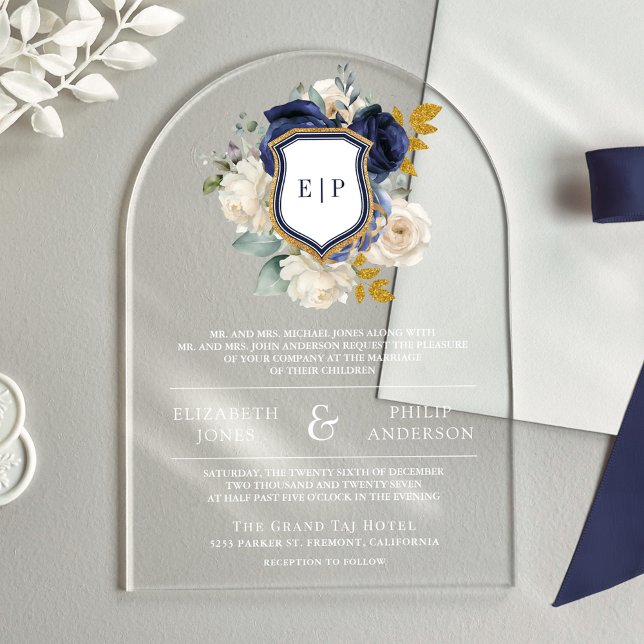 Invitaciones Acrílicas Boda Monograma Escudo Floral Azul de la Marina (Subido por el creador)