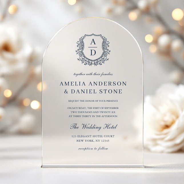 Invitaciones Acrílicas Boda Monograma Escudo Floral Azul de la Marina Ele (Subido por el creador)