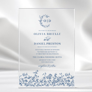 Invitaciones Acrílicas Boda Monograma Escudo Floral Azul de la Marina Ele