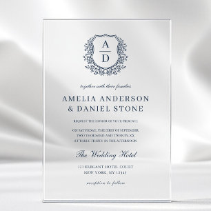 Invitaciones Acrílicas Boda Monograma Escudo Floral Azul de la Marina Ele