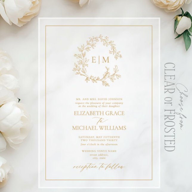 Invitaciones Acrílicas Boda Monograma Escudo formal de Leafy de Oro (Subido por el creador)