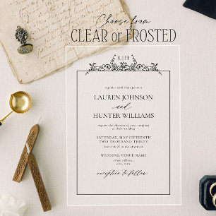 Invitaciones Acrílicas Boda Monograma Floral Blanco Negro Frontera