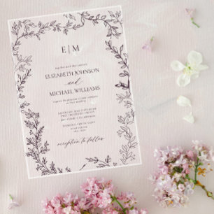 Invitaciones Acrílicas Boda monograma minimalista de plántula púrpura ele