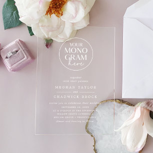 Invitaciones Acrílicas Boda Monograma Única Simple Chic MEGHAN Blanca