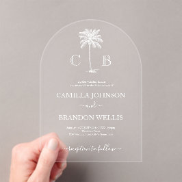 Invitaciones Acrílicas Boda Monogramas Palma Tropical Simple y Elegante