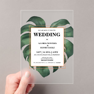 Invitaciones Acrílicas Boda Monstera de la hoja de palma tropical