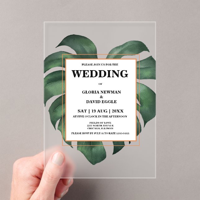 Invitaciones Acrílicas Boda Monstera de la hoja de palma tropical (Insitu (portátil))