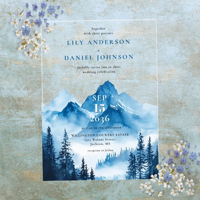 Invitaciones Acrílicas Boda Montañesa Rústica Boho de Acuarela Azul (Rustic Boho Watercolor Mountain Wedding Acrylic Invitations)