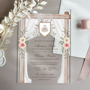 Invitaciones Acrílicas Boda musulmán islámico con capucha floral de mader