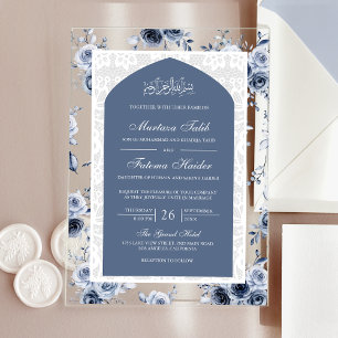 Invitaciones Acrílicas Boda Musulmana Arco de Encaje Blanco Floral Azul P