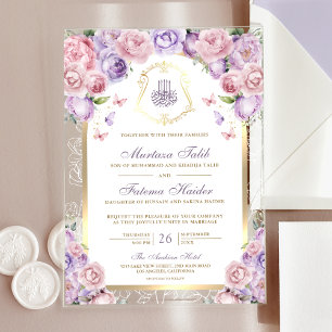 Invitaciones Acrílicas Boda Musulmana Arco Dorado Floral Rosa Lavanda