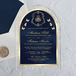 Invitaciones Acrílicas Boda Musulmana Arco Mariposa Dorado Azul Marino