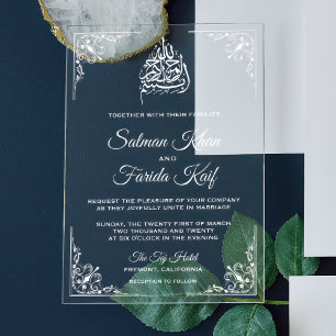 Invitaciones Acrílicas Boda musulmana blanca elegante