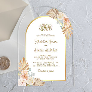 Invitaciones Acrílicas Boda musulmana con arco floral boho terroso
