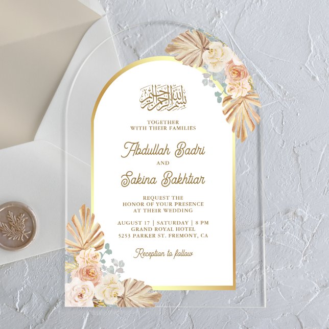 Invitaciones Acrílicas Boda musulmana con arco floral boho terroso (Subido por el creador)