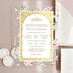 Invitaciones Acrílicas Boda Musulmana con Patrón Dorado Floral Rosa Tímid