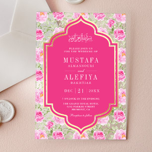 Invitaciones Acrílicas Boda Musulmana con Patrón Floral Rosa Dorado Fucsi