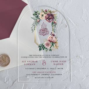 Invitaciones Acrílicas Boda Musulmana Cresta Floral Dorada Púrpura Polvor