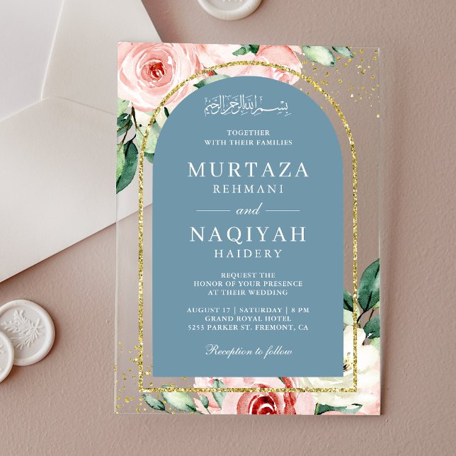 Invitaciones Acrílicas Boda Musulmana de Arco Azul Dusto Floral Rosa (Subido por el creador)