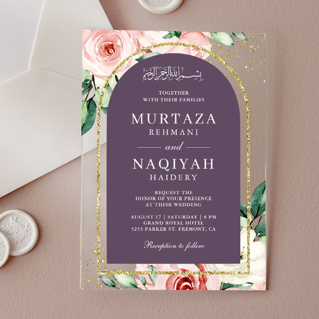 Invitaciones Acrílicas Boda Musulmana de Arco Púrpura Floral Rosa (Subido por el creador)