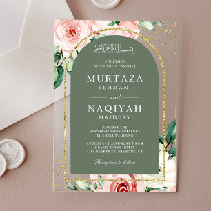 Invitaciones Acrílicas Boda musulmana de Arco Verde Floral Rosa