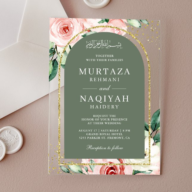 Invitaciones Acrílicas Boda musulmana de Arco Verde Floral Rosa (Subido por el creador)