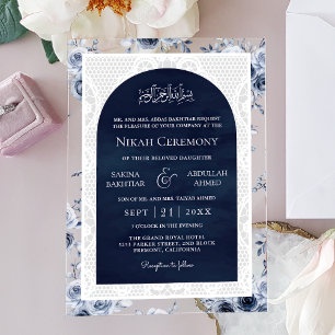 Invitaciones Acrílicas Boda musulmana de encaje blanco floral azul marino
